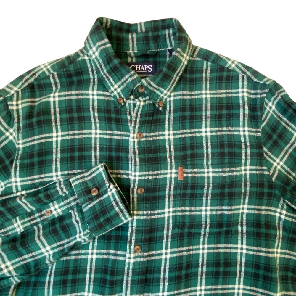 Chaps Performance Flannel Shirt Men L Green Windowpane Plaid LumberjackHoliday